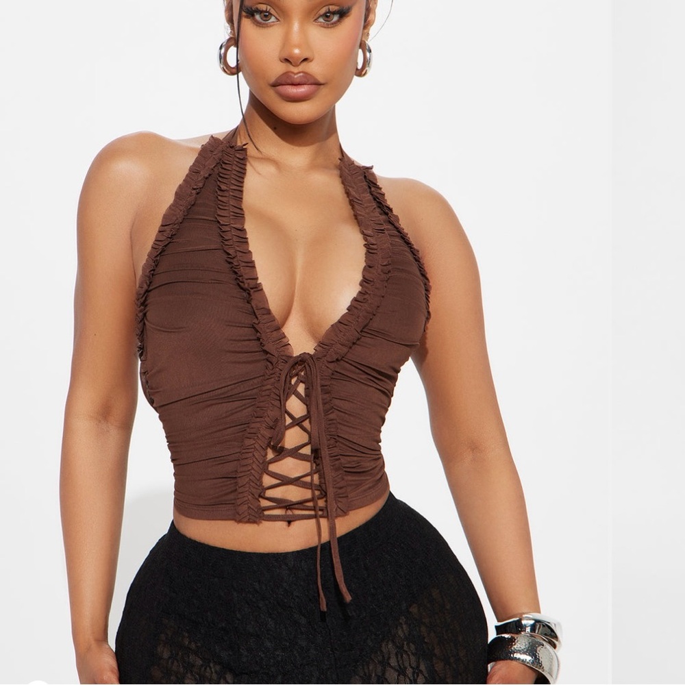 NWT Fashion Nova Lace Up Mesh Halter Top Chocolate Size Small
